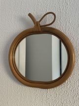 Miroir vintage 1960 pomme rotin osier bambou - 32 x 35 cm