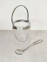 Sceau à glace vintage en verre ciselé et métal chromé 