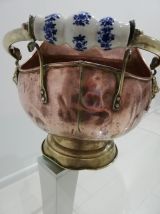 Pot Ancien En Cuivre Avec Poignées En Porcelaine 