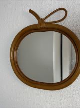 Miroir vintage 1960 pomme rotin osier bambou - 32 x 33 cm