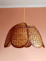 Grande suspension cannage et rotin bohème vintage 1970 