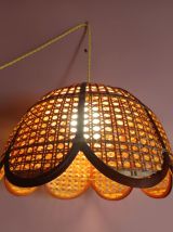 Grande suspension cannage et rotin bohème vintage 1970 