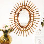 Miroir soleil oval en rotin années 60