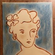 Tableau signé portrait femme art déco encre et pastel