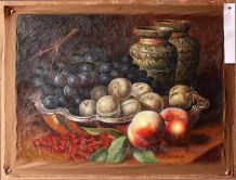 tableau peinture huile sur toile craquelée et signée fruits 
