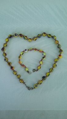 Collier de perles jaune en verre Murano original &amp; bracelet