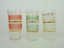 6 verres anciens en verre granité coloré et liserait doré