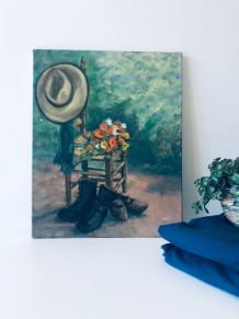 Huile sur toile vintage, scène à la campagne