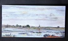 Peinture paysage, rivière et village sur une plaque de métal