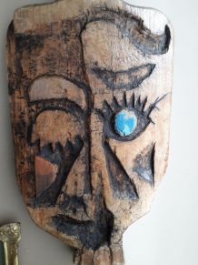 Panneau mural vintage en bois sculpté en forme de tête