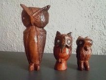lot de 3 hibous , chouettes en bois sculpté
