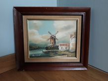 Tableau paysage moulin au bord de l'eau, huile sur toile sig