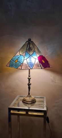  Lampe de table Vitrail Style tiffany 1960 a 70 laiton et br