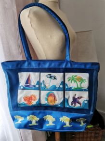 Sac de plage fourre bleu motif vintage retro année 70-80