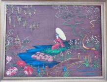 TABLEAU ASIATIQUE SOIE PEINTE ET BRODEE 1900 1930 ?