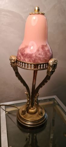 Ancienne LAMPE  ATHENIENNE bronze STYLE EMPIRE tulipe verre 