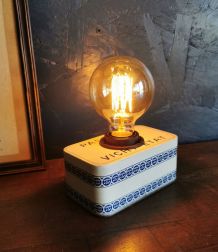Lampe vintage salon bureau chevet métal blanche bleu Vichy