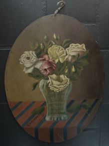 Tableau vase avec roses bohème nappe rayé 