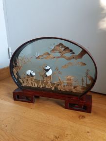 Diorama chinois en liège sous verre