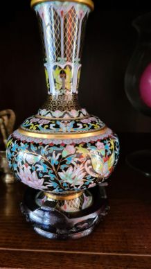 Vase "cloisonné" chinoistrès chic  avec socle bois