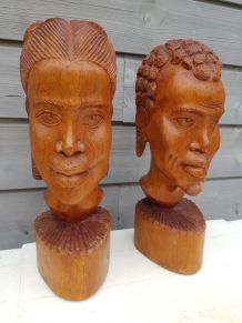 paire de statues buste africaine en bois