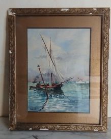 Tableau Aquarelle "Marine" Magnifique peinture d'époque 19