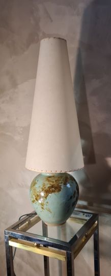 grande  lampe ceramique bleu vert   vernisé  signé palmier  