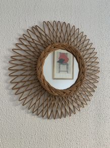 Miroir vintage 1960 soleil fleur rotin osier - 45 cm
