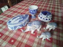 Lot porcelaine, bleu, Asie, 1Coquetier, 2boites, 3éléphants