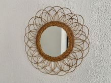 Miroir vintage 1960 soleil fleur rotin osier - 49 cm