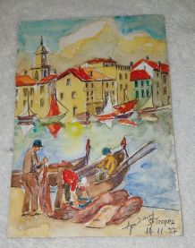 Aquarelle sur papier St Tropez Cote d'Azur 1977 signé à enca