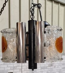 lustre murano 1970 , mazzaga chaine 55x32x40 chrome et verre