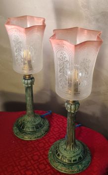paire de lampe callice regule patiné avec tulipe ancienne 34