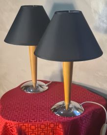 Paire de lampe chevet style scandinave bois et metal chromé 
