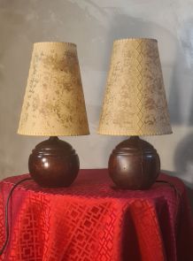 paire lampe boules bois 1960 abat jour parchemin elec refait