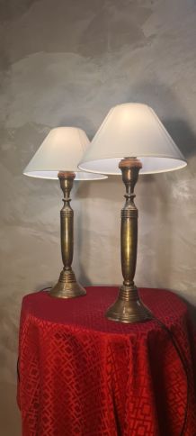 paire de grande lampe  laiton massif 1940 ,   abat jour blan