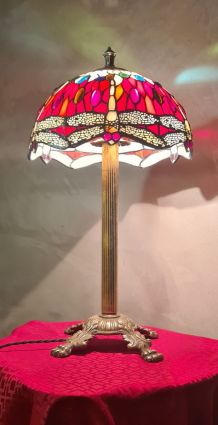 lampe ancienne bronze abat jour style tiffany pate de verre 