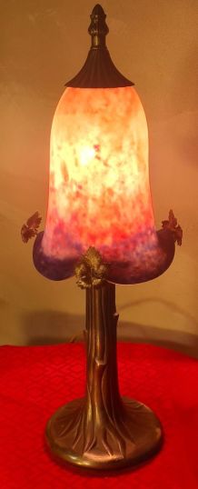 lampe bronze abat jour pate de verre signé eross de france n