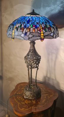 lampe bronze art nouveau 1900  abat jour verre vitrail 75x40