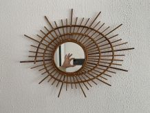 Miroir vintage 1960 soleil rotin osier ORTF spirale design -