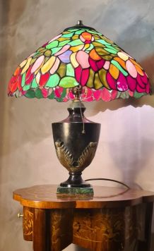 lampe fonte d acier patiné ancienne abat jour  style tiffany