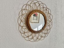 Miroir vintage 1960 soleil fleur rotin osier french riviera 