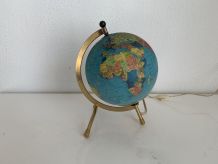 Globe vintage 1970 terrestre Taride tripode doré verre mappe