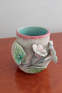 Ancien Petit Vase Barbotine décor Floral - Années 50/60