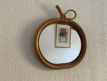 Miroir vintage 1960 pomme rotin osier bambou - 32 x 35 cm