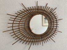Miroir vintage 1960 soleil rotin style ORTF spirale oeil - 9