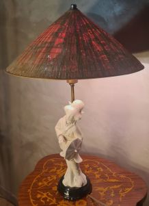  lampe geisha porcelaine blanche 1950  abat jour paille de r