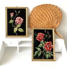 Paire 2 cadres canevas fleurs roses