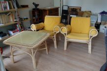 Table basse &amp;amp; Paire de fauteuils en Rotin 70's