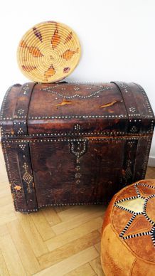 Grande malle en cuir marron vintage 70's 